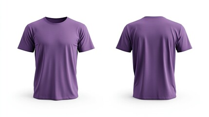 Mockup of a traditional purple men's T-shirt, front and back, isolated on a white background.