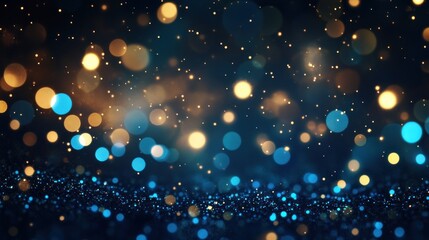 Abstract blue and gold glitter bokeh background.