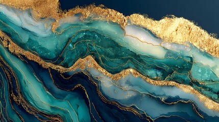 Stunning blue and gold marble on deep dark blue green background with rich textures