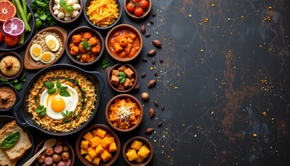 A delicious variety of colorful food plates prepared and cooked with fresh ingredients