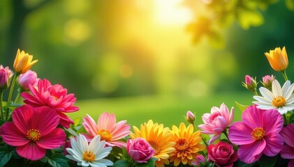 Vibrant flower border, colorful blooms in full sun ,  blooms, flowers,  colorful