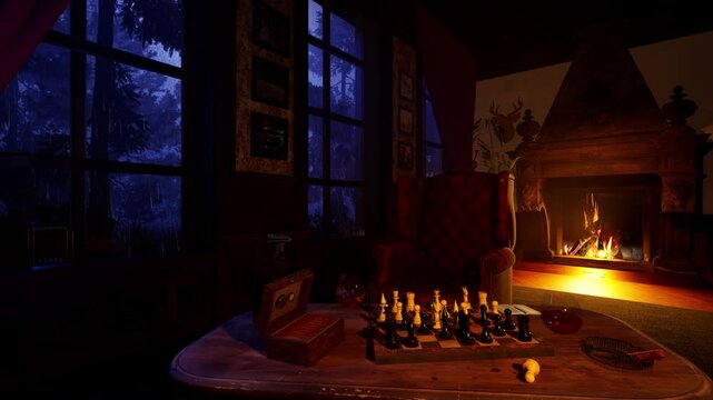 Cozy atmosphere of a vintage living room with a fireplace on a rainy, stormy night. Rain pours outside the window while the flickering fire fills the room with warmth and serenity. 3D animation.