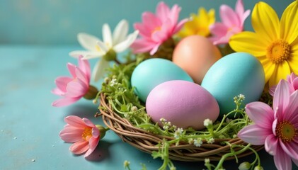 Vibrant pastel eggs nestled in a spring flower arrangement , celebratory, cheerful