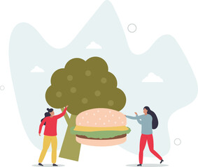 Unhealthy nutrition concept. Diet and ration, active and sedentary lifestyle. Vegetarians against fast food. character life .