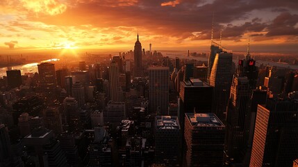 Naklejka premium New York City at Dusk with Skyscrapers Illuminated in Lights High Resolution Picture