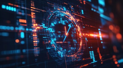 Abstract digital clock interface with glowing lines and data streams.