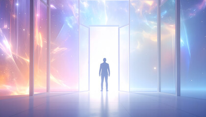 Obraz premium a person standing inside a futuristic room, illuminated by vibrant purple and blue lights that create an otherworldly atmosphere