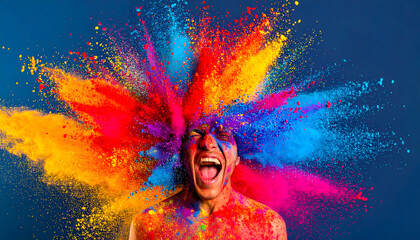 an individual with colored powder thrown in their face, creating a vibrant explosion of color