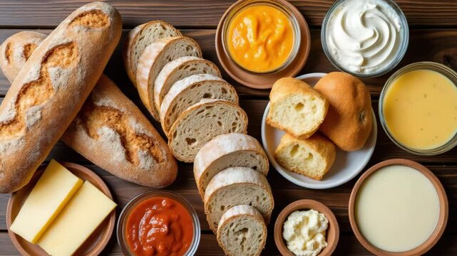 Delicious assortment of food, A delightful spread featuring various types of bread, spreads, and condiments arranged on a wooden table, perfect for a hearty meal or brunch.