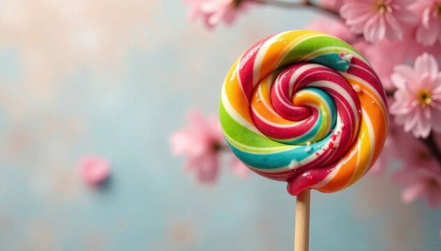 Swirling colorful lollipop design on a wooden stick , art, food