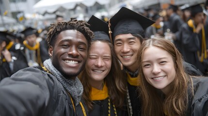 Four happy diverse graduating students smiling for a celebratory selfie photo on their graduation day.