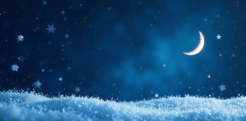Snowflakes fall gently on a dark blue background with twinkling stars and a crescent moon , starry sky, christmas backdrop