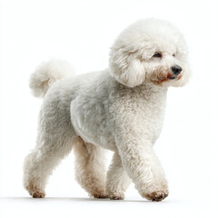 Poodle's graceful stride in side view isolated on white background pet photography studio setting