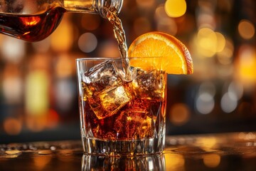 At a trendy bar, a glass is being filled with a fizzy drink that includes orange slices, set against a backdrop with a bokeh effect