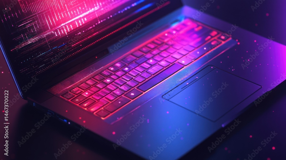 Poster close-up of laptop keyboard with vibrant pink and blue neon light, displaying coding on screen.