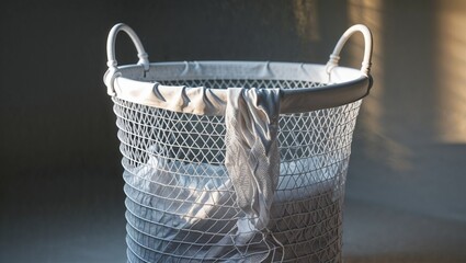 Photorealistic image of a white mesh laundry hamper