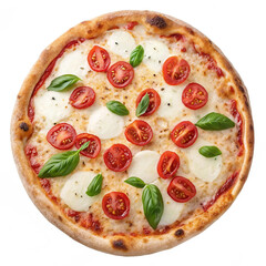 delicious pizza with melted cheese, fresh basil leaves, and halved tomatoes, detailed close-up, high quality,