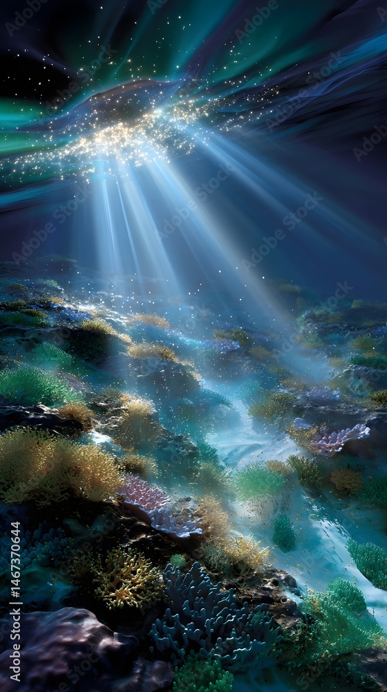 Poster surreal river with ethereal light emanating from underwater in a unique alien world