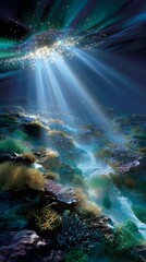 Surreal river with ethereal light emanating from underwater in a unique alien world