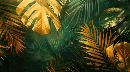 Close-up of monstera leaves in golden and dark green hues. Tropical plant composition. Macro photograph of green and golden leaves with elegance and luxury pattern. Botanical pattern concept. AIG51.