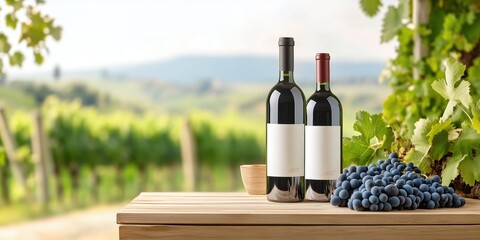 Fototapeta premium Wine bottles and grapes on wooden table in scenic vineyard landscape