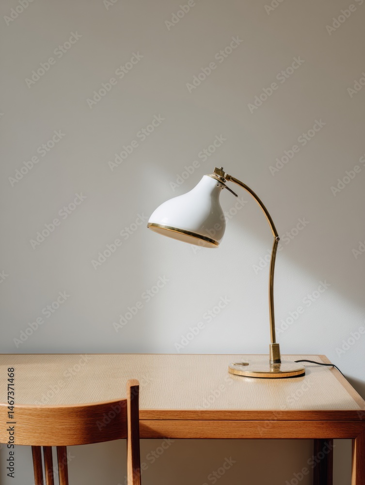 Aufkleber minimalist desk lamp casting warm light on a clean wooden table against a soft wall backdrop ideal f