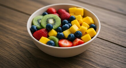 A vibrant bowl of fresh fruit including strawberries, blueberries, kiwi slices, and mango cubes, placed on a wooden table.