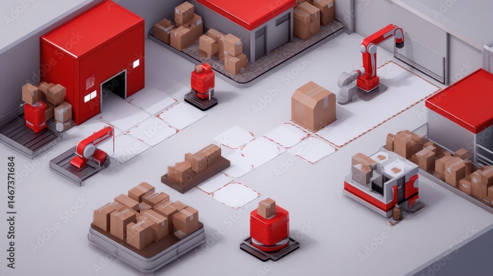 Poster automated warehouse system in isometric view.