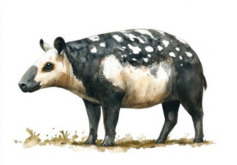 Watercolor painting of a tapir, primarily black and white with tan highlights, situated on light brown ground against a plain white background.