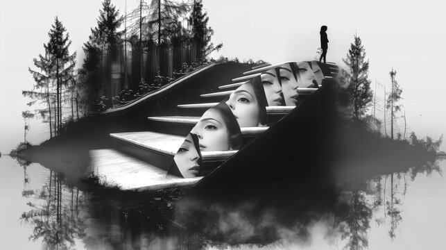 Mental health problem Concept. Portrait of woman with double exposure have manic and depress emotion in inner world. Abstract black and white surreal mind emotion art. 