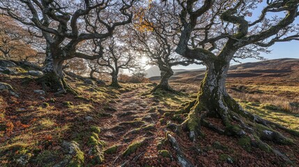 Obraz premium Sunlit path winds through ancient, gnarled trees, mossy roots, autumn leaves, and a tranquil landscape