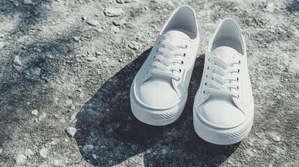 Modern white sneakers embodying urban style on a textured concrete surface, showcasing natural shadows and minimalist design in a vibrant city environment