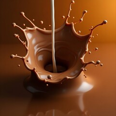 Creamy milk mixes with dark chocolate, creating a vibrant splash in a deep brown swirl. The scene captures the essence of indulgence and sweetness.