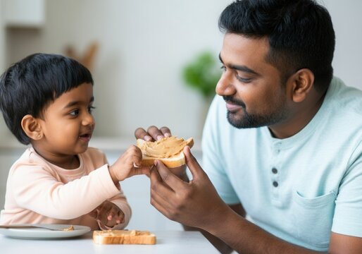 Father and child sharing a peanut butter toast at home - Powered by Adobe