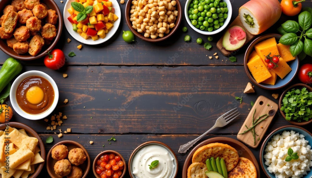 Poster a colorful display of a table full of various foods ready for enjoyment and sharing