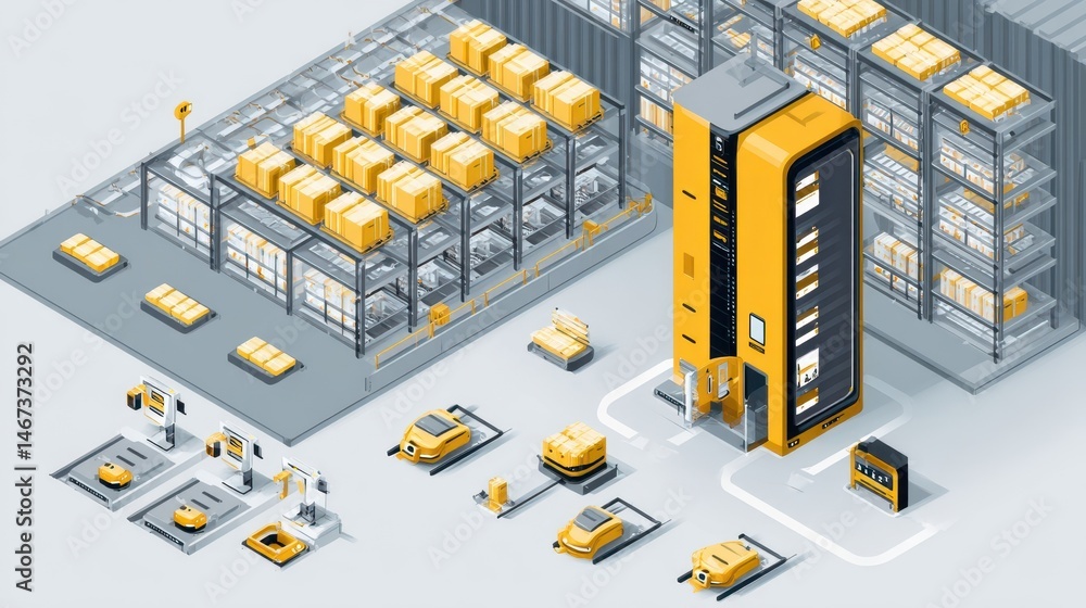 Aufkleber automated warehouse system with robotic delivery systems.