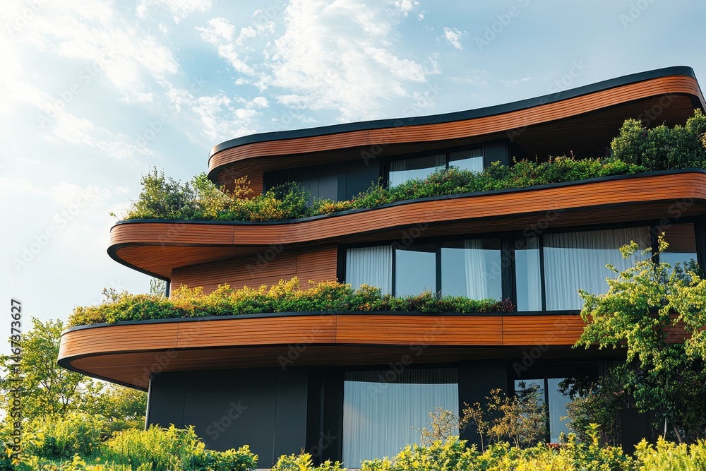 Poster modern architectural design of a unique building with greenery