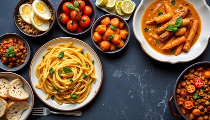Engaging top view of a table surrounded by bowls of diverse and delicious foods