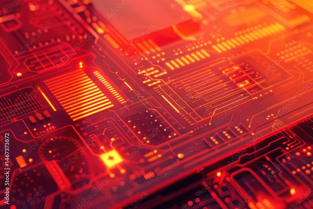 Poster the picture of the red circuit board with technology theme that stands for the connection, the mainb