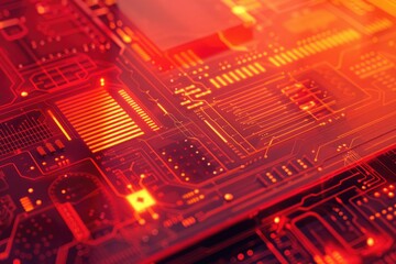 The picture of the red circuit board with technology theme that stands for the connection, the mainboard or motherboard is central printed circuit board in computer or other electronic device. AIG51.