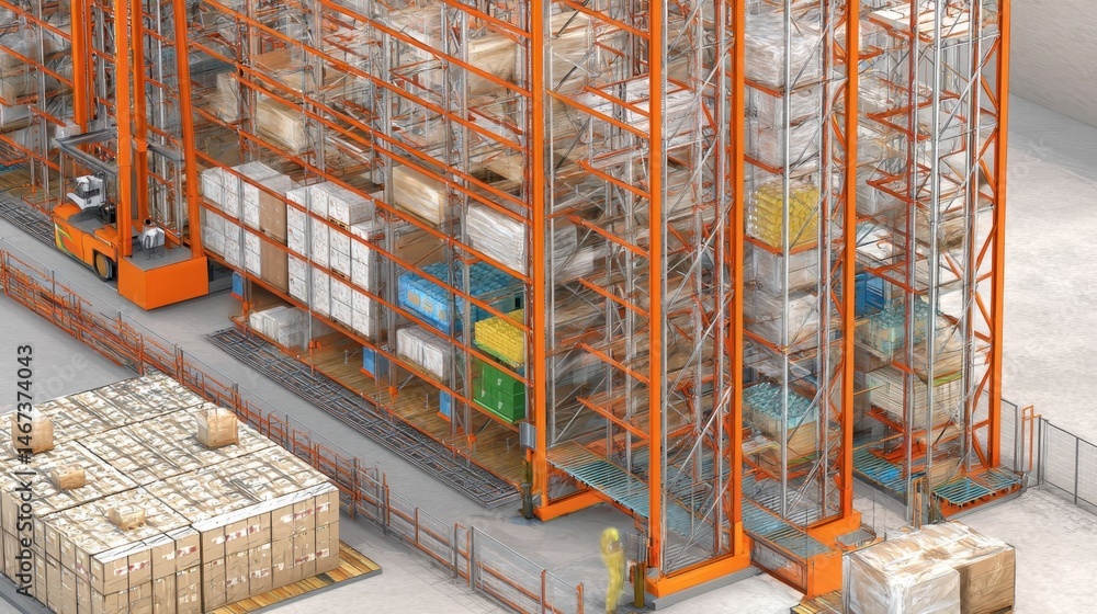 Poster automated storage and retrieval system in a modern warehouse.