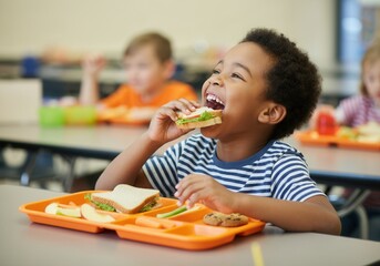 Happy young boy with sandwich in school cafeteria eating lunch