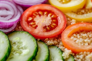 The image presents a close-up view of a quinoa salad, comprising sliced cucumbers, halved tomatoes, and small pieces of red onion, exemplifying a nutritious and visually appealing meal choice