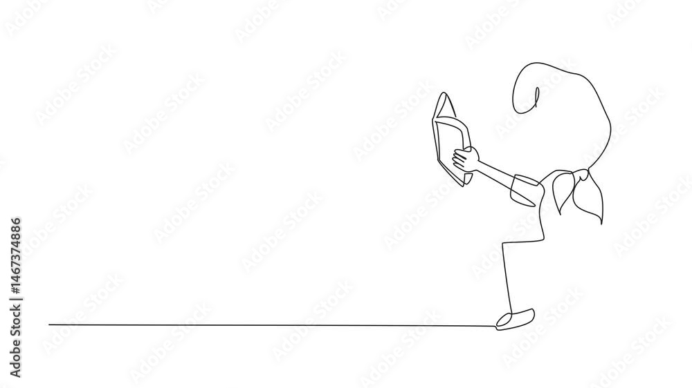 Poster animated self drawing of single one line drawing little girl standing while reading a book. practici