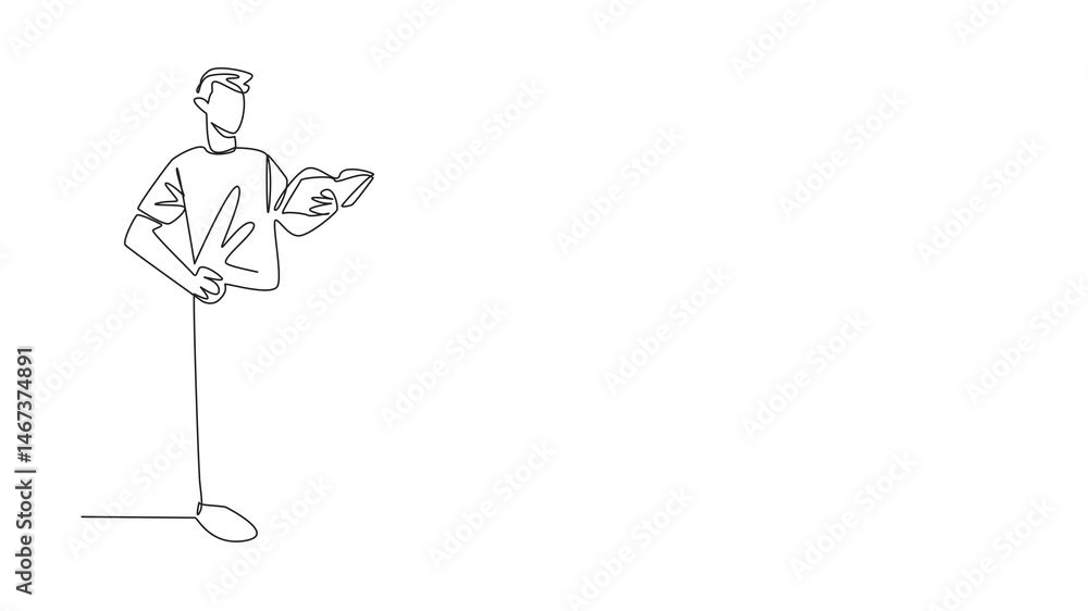 Poster animation of single continuous line drawing man standing holding a book and reading it. poetry. expr