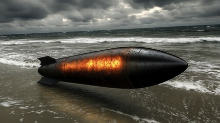 Threatening ordnance on shorelines with ominous sky depicting dangerous weaponry presence on coast conveying impending danger and disaster scenario