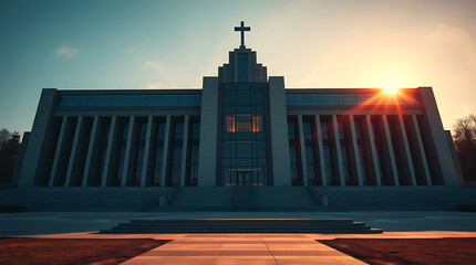 A massive brutalist cathedral built of concrete and glass, casting long shadows in the sunset, blending religious solemnity with futuristic geometry. created by generative ai