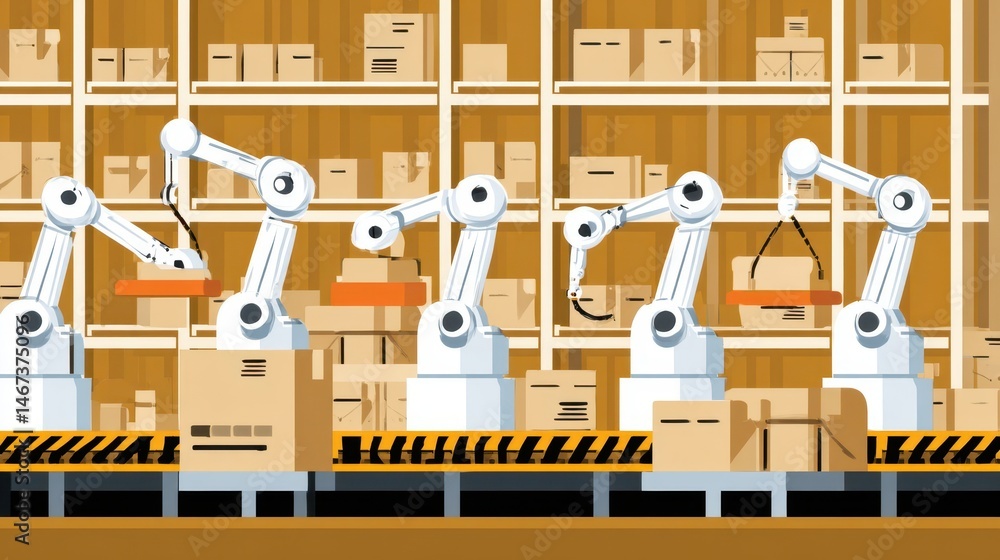 Poster automated robotic arms working in a warehouse setting.