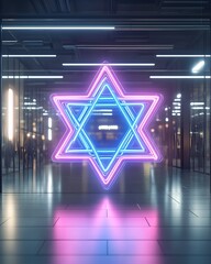 Obraz premium Glowing neon hexagram in a modern glass building interior
