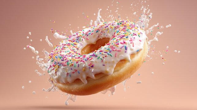 Delightfully whimsical donut soars in mid-air, adorned with a vibrant swirl of frosting and a cascade of colorful sprinkles